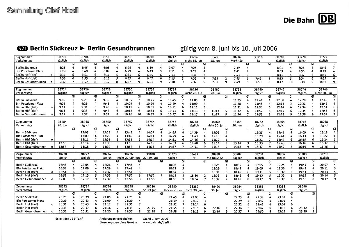 Fahrplan der Linie S21 der S-Bahn Berlin zur Fußball-WM 2006 Fahrplan der Linie S21 der S-Bahn Berlin zur Fußball-WM 2006